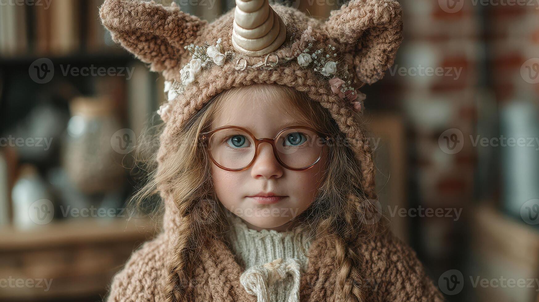 Young child in a cozy unicorn-themed sweater during a cozy indoor setting with books and warm lighting photo