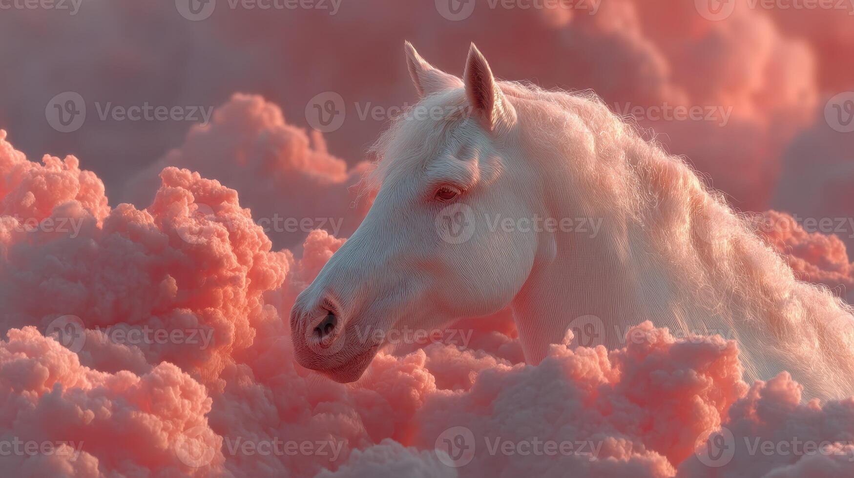 Majestic white horse standing in a dreamy landscape of pink clouds during sunset photo