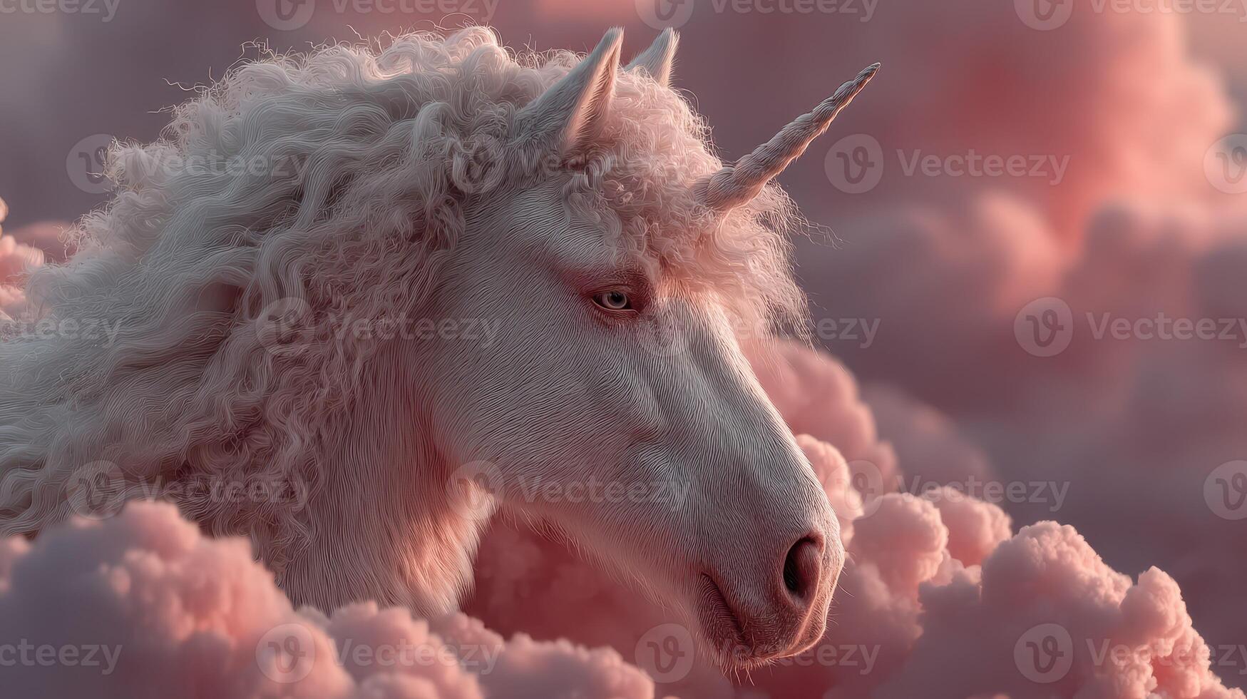 Majestic unicorn emerging from soft pink clouds at sunset in a whimsical fantasy landscape photo
