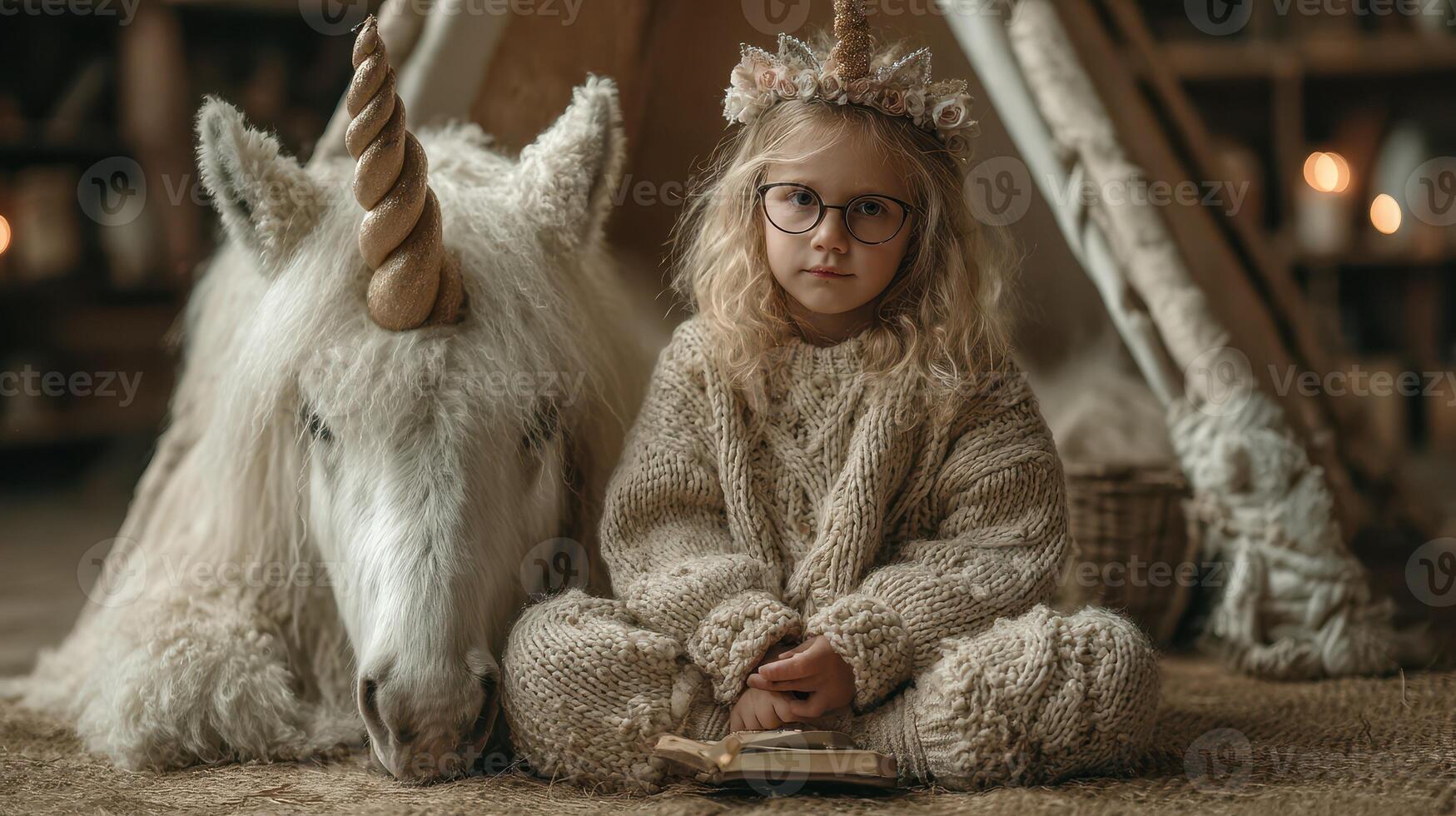 Child with unicorn in cozy indoor setting during a whimsical storytelling session photo