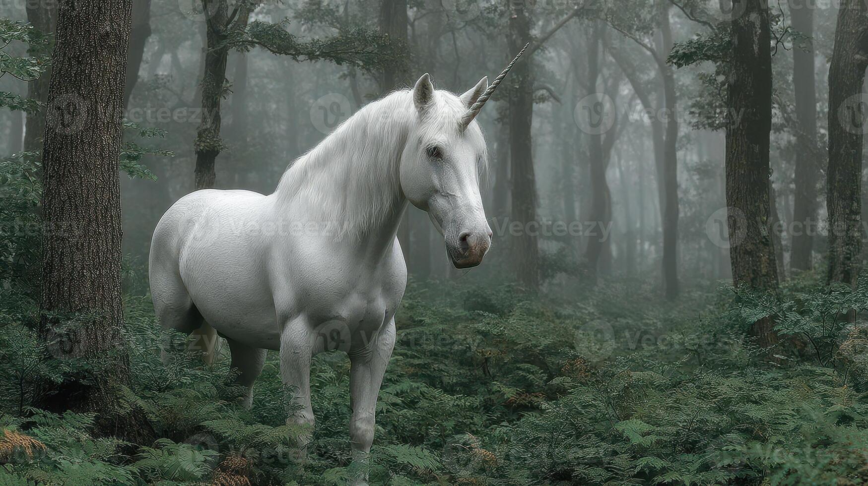 Majestic white unicorn standing amidst dense ferns in a misty forest during early morning light photo