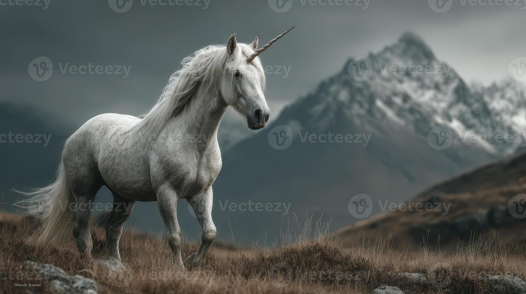 Majestic unicorn trots through mountainous landscape under overcast skies in serene setting photo