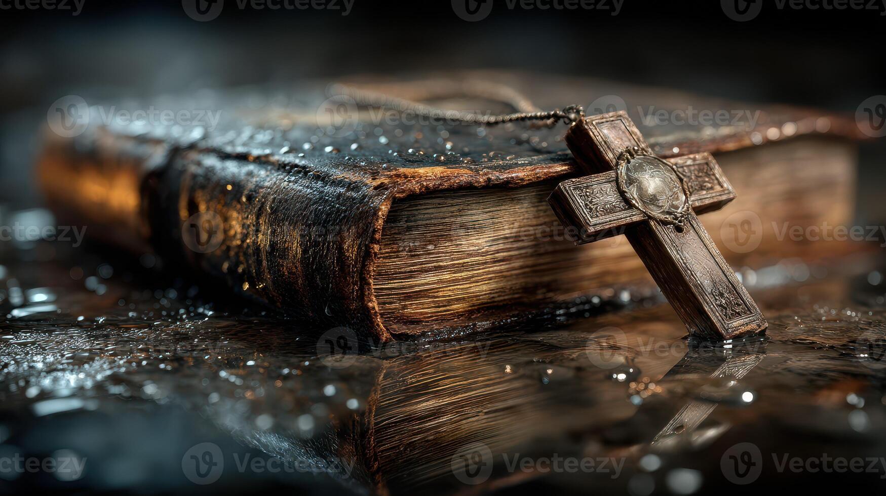 Weathered bible and cross resting on wet surface with reflections at dusk photo