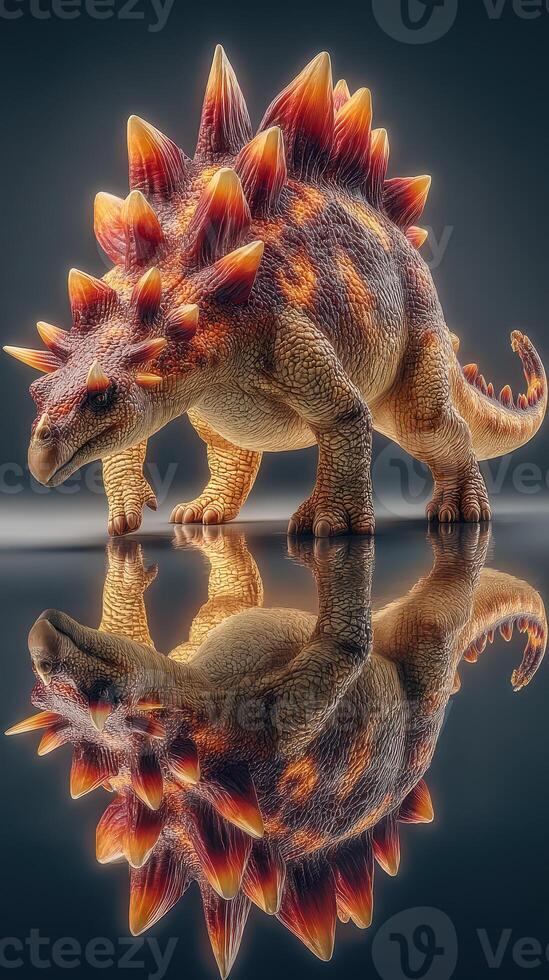 Detailed representation of a stegosaurus dinosaur model showcasing intricate textures and vibrant colors in a dynamic pose photo