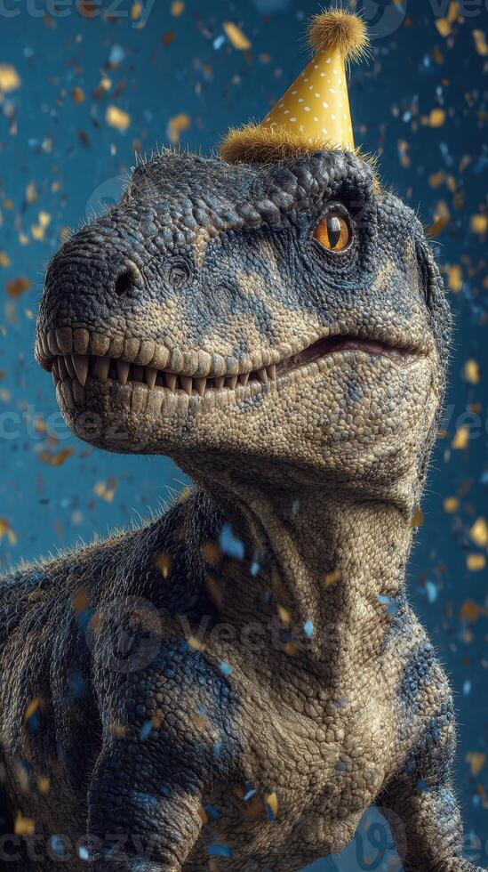 Dinosaur wearing a party hat celebrates a festive occasion with confetti in a vibrant atmosphere photo