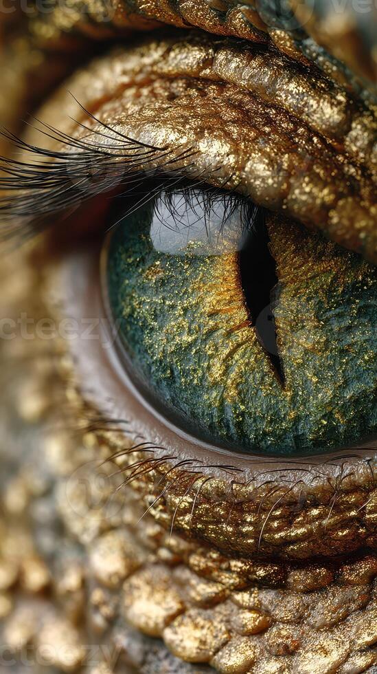 Eye of a reptile showcasing intricate golden scales and vibrant colors during a close-up shot in natural light photo