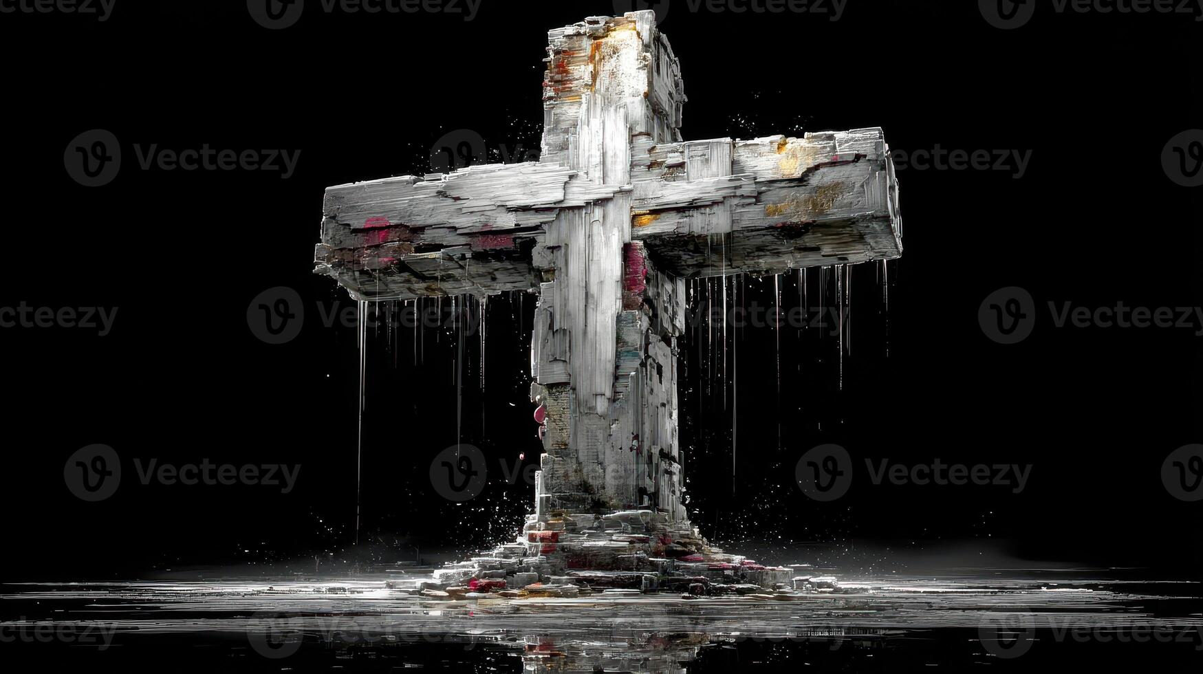 Abstract wooden cross sculpture with a weathered appearance and dripping elements, set against a black background photo