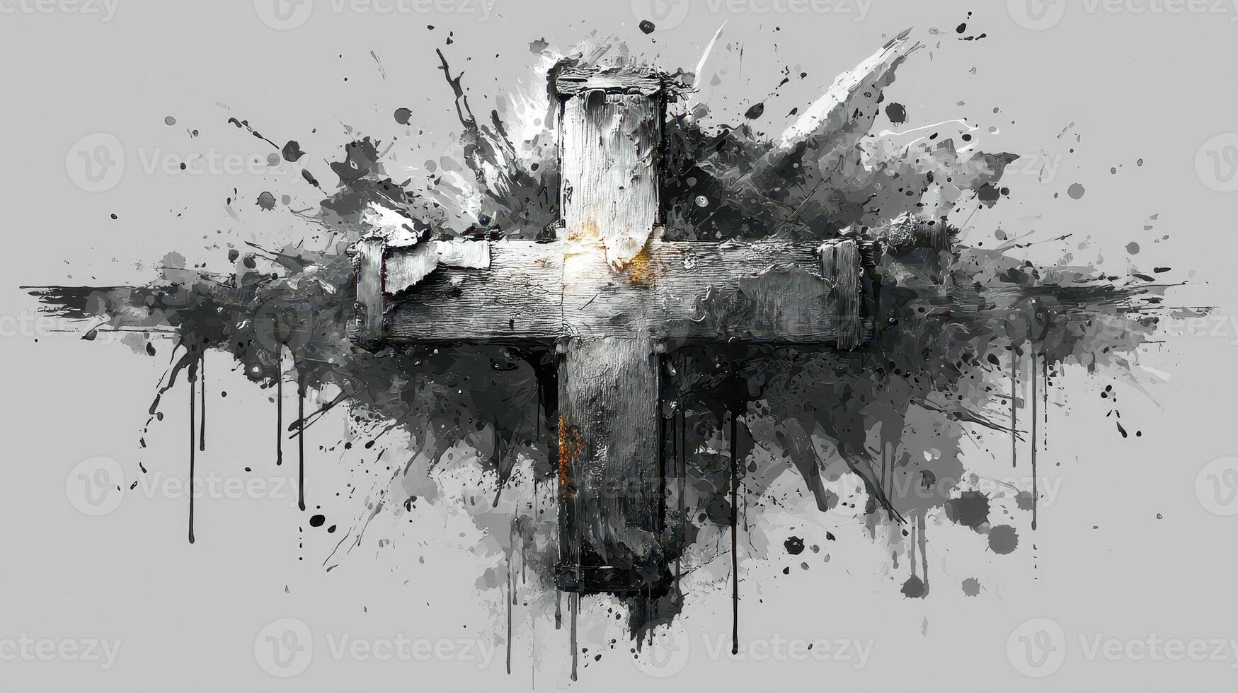 Artistic representation of a weathered cross surrounded by abstract paint splashes and textures photo