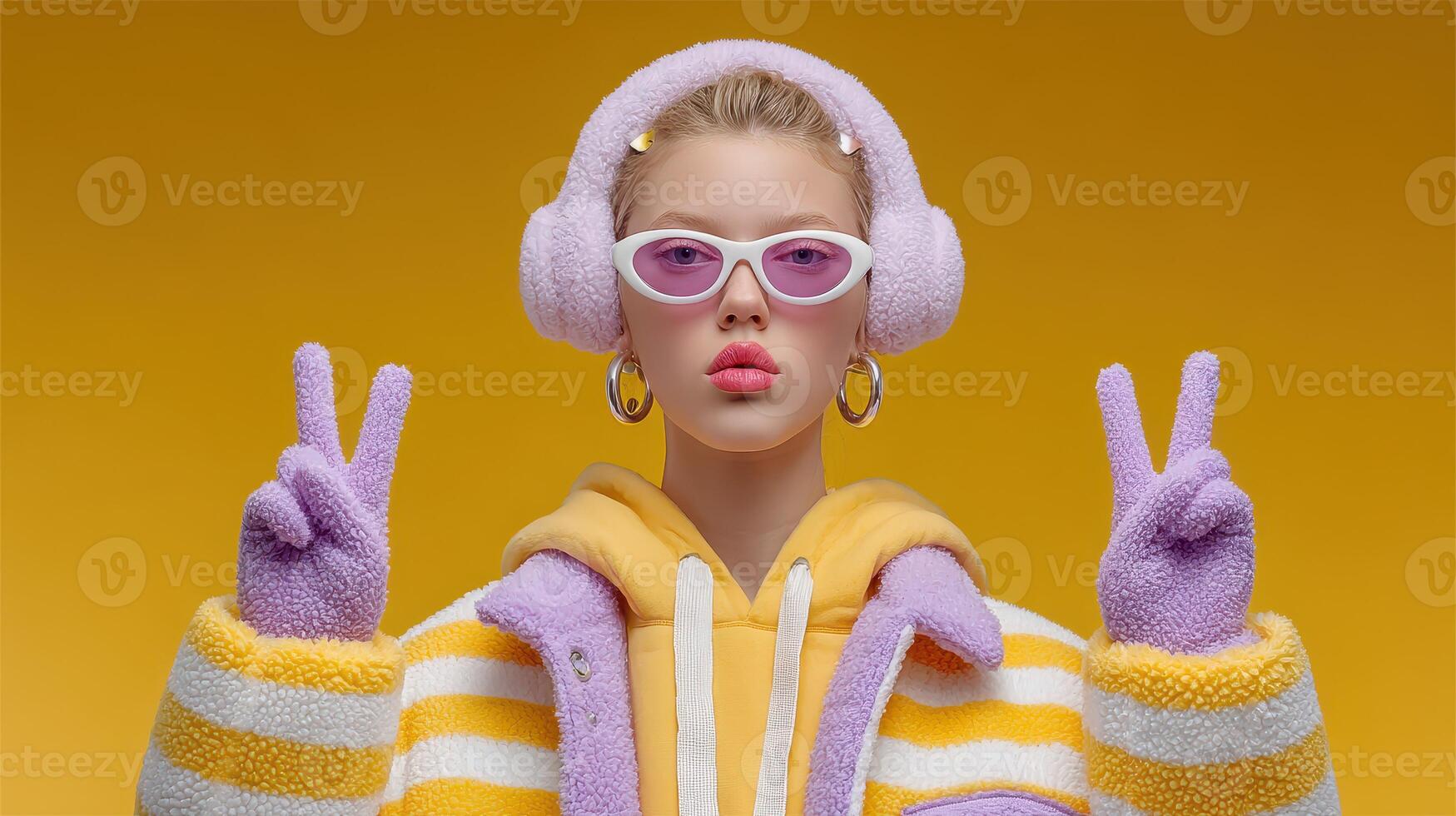 Model poses with peace signs against a bright yellow background showcasing vibrant winter fashion and accessories photo