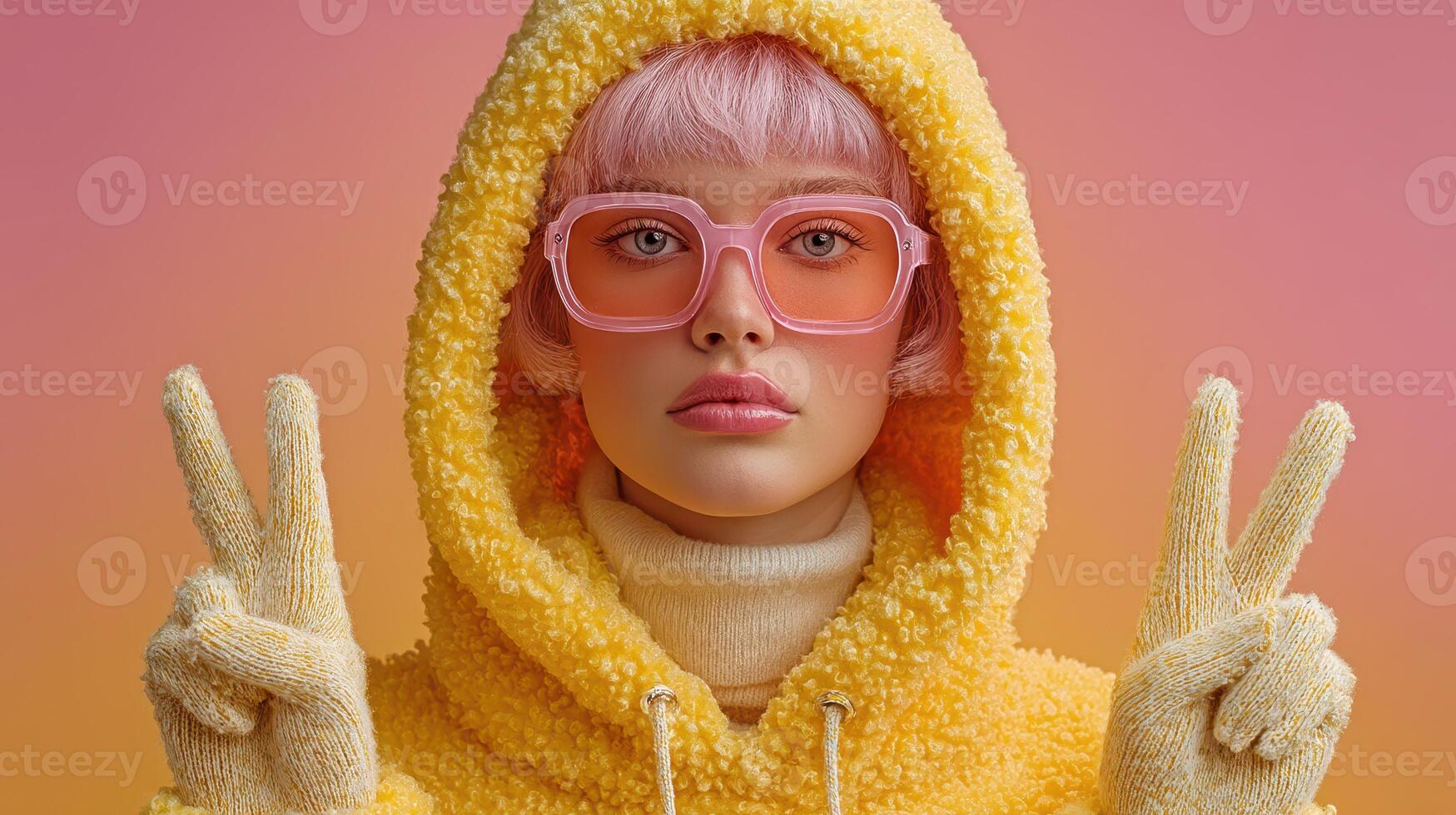 Person wearing a yellow hoodie and pink glasses poses with peace signs against a colorful background in a modern artistic setting photo