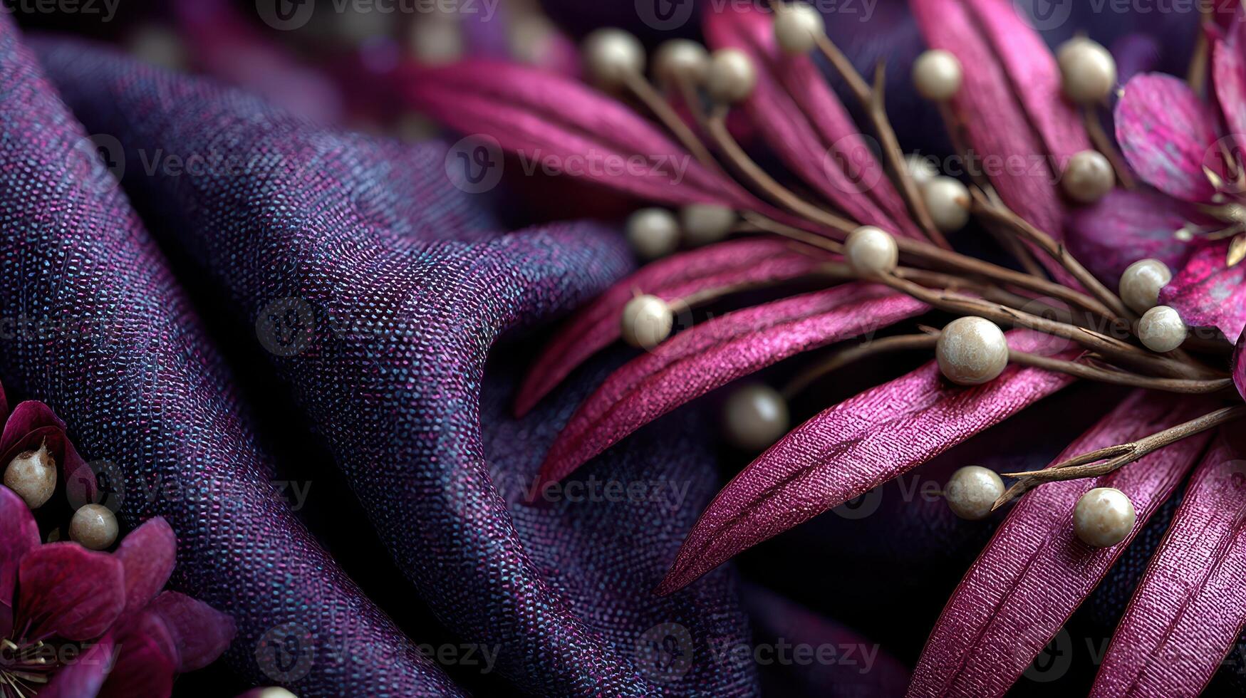 Vibrant fabric and floral arrangement showcasing elegant textures and colors in a still life composition photo