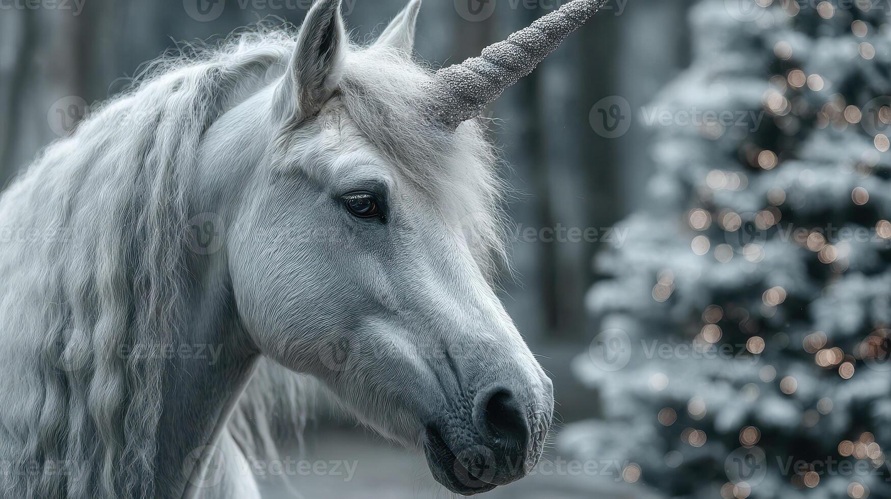 Majestic silver unicorn gazing serenely in a snowy forest during winter festivities photo
