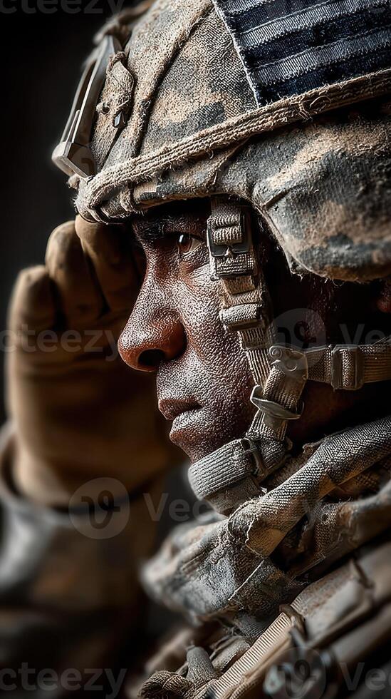 Soldier saluting during a military ceremony in a dusty environment at twilight photo