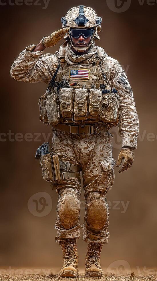Soldier saluting in military uniform during a desert operation, showcasing discipline and pride in service photo