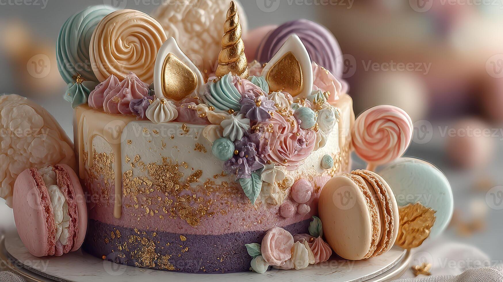 Rainbow unicorn cake adorned with pastel decorations and macarons for a whimsical celebration photo