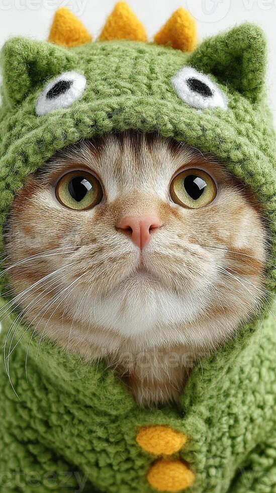 Cat wearing cozy green dinosaur costume with cheerful expression indoors during daylight photo