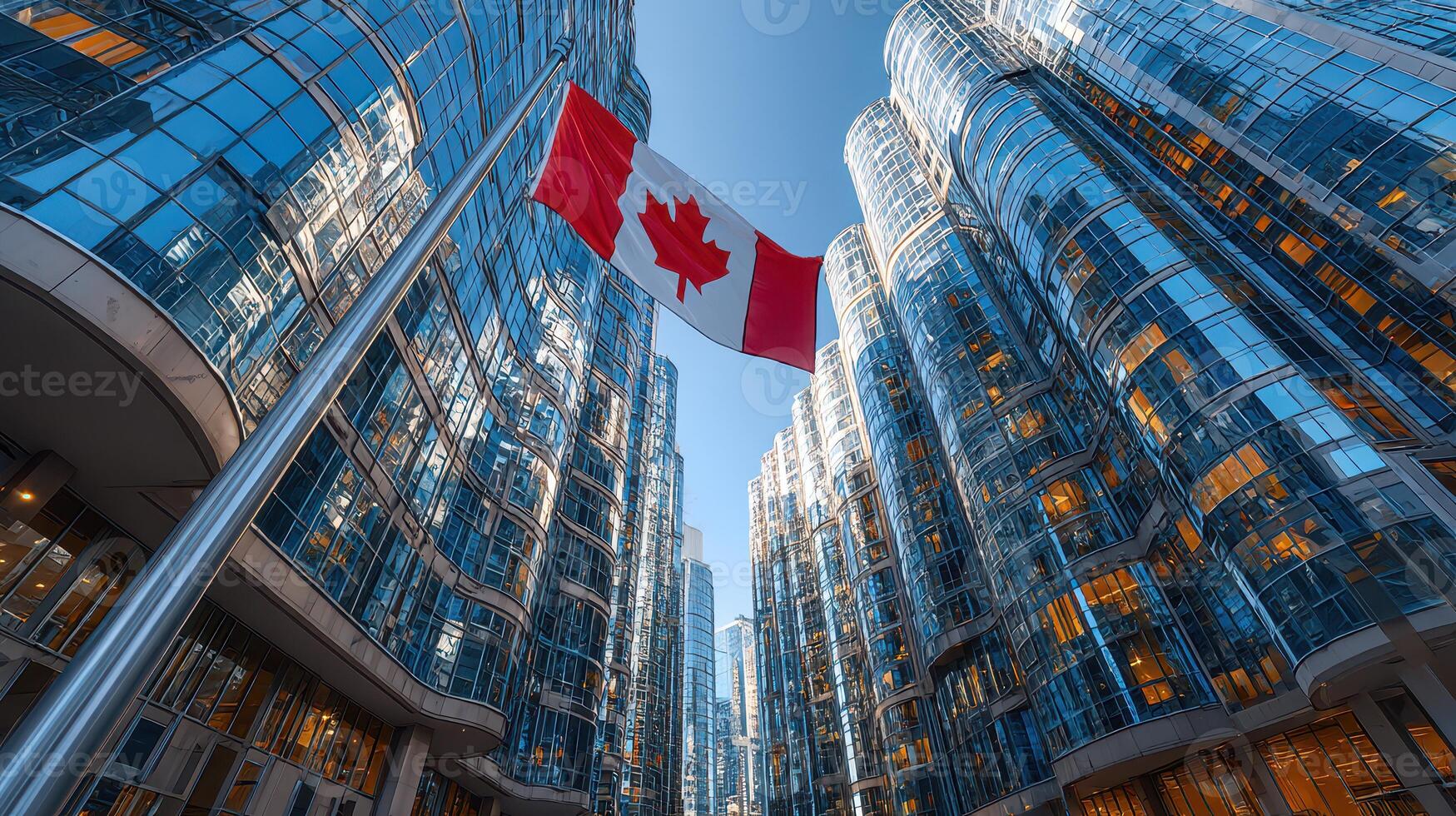Modern architecture showcases gleaming glass buildings beneath a clear sky with a Canadian flag prominently displayed in a vibrant urban setting photo