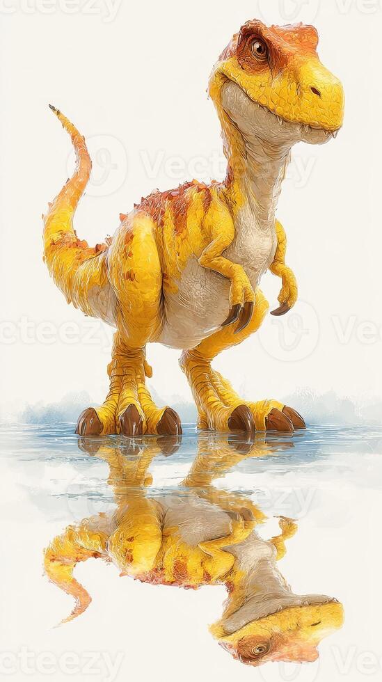 Brightly colored dinosaur stands majestically on a reflective surface, showcasing its vibrant features and playful stance in a creative design photo