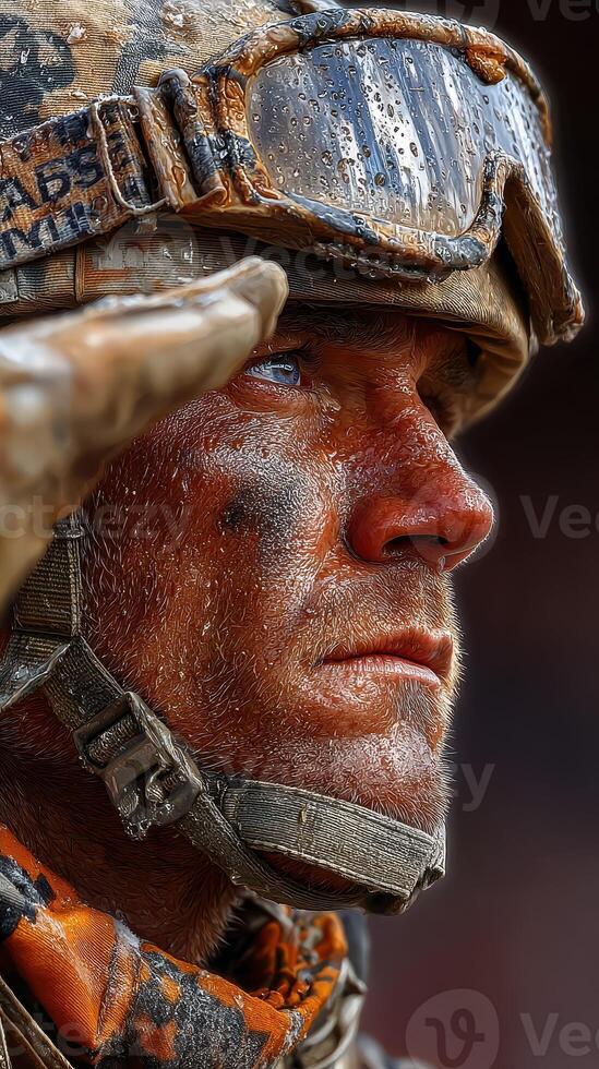 Soldier saluting during an outdoor ceremony after a rain shower, showcasing determination and pride at sunset photo
