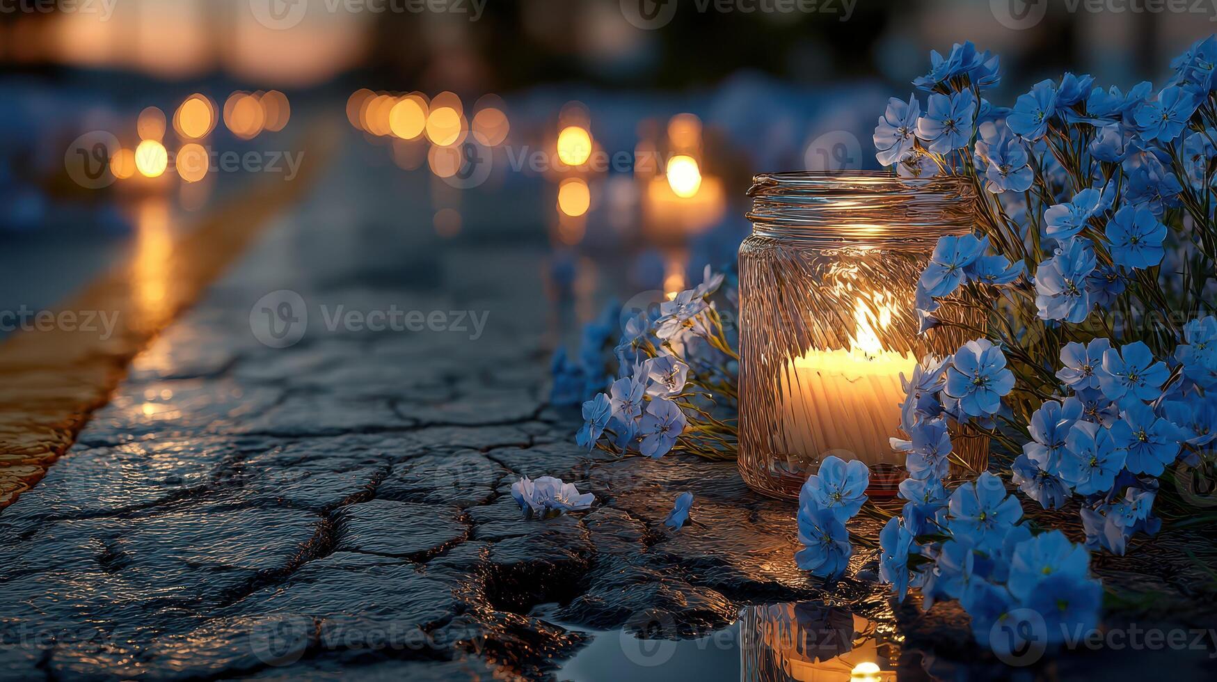 Candles and flowers illuminate a quiet path at dusk, creating a serene atmosphere of peace and reflection photo