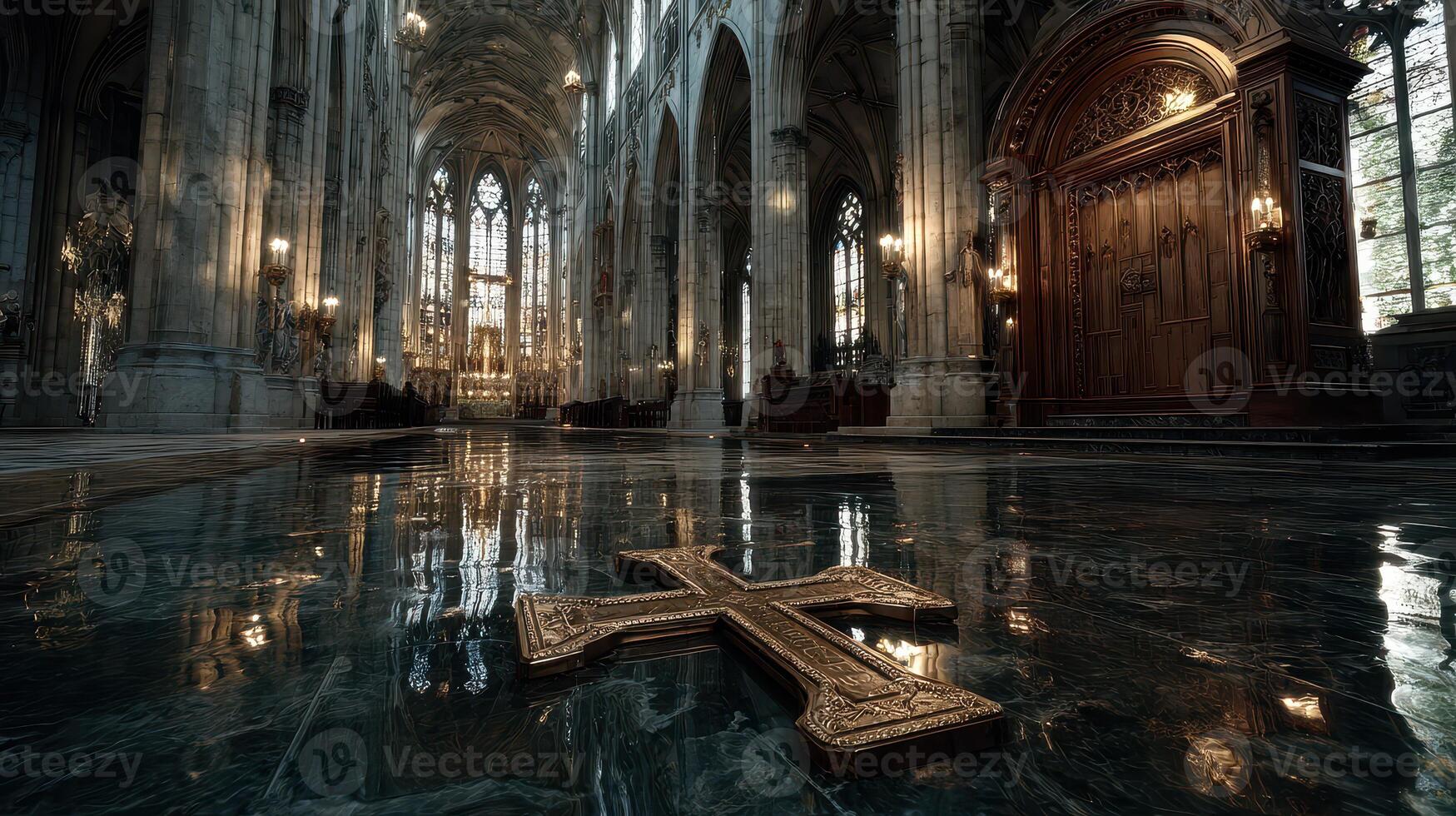 Intricate altar with a golden cross highlighted in a beautifully designed cathedral at dusk photo