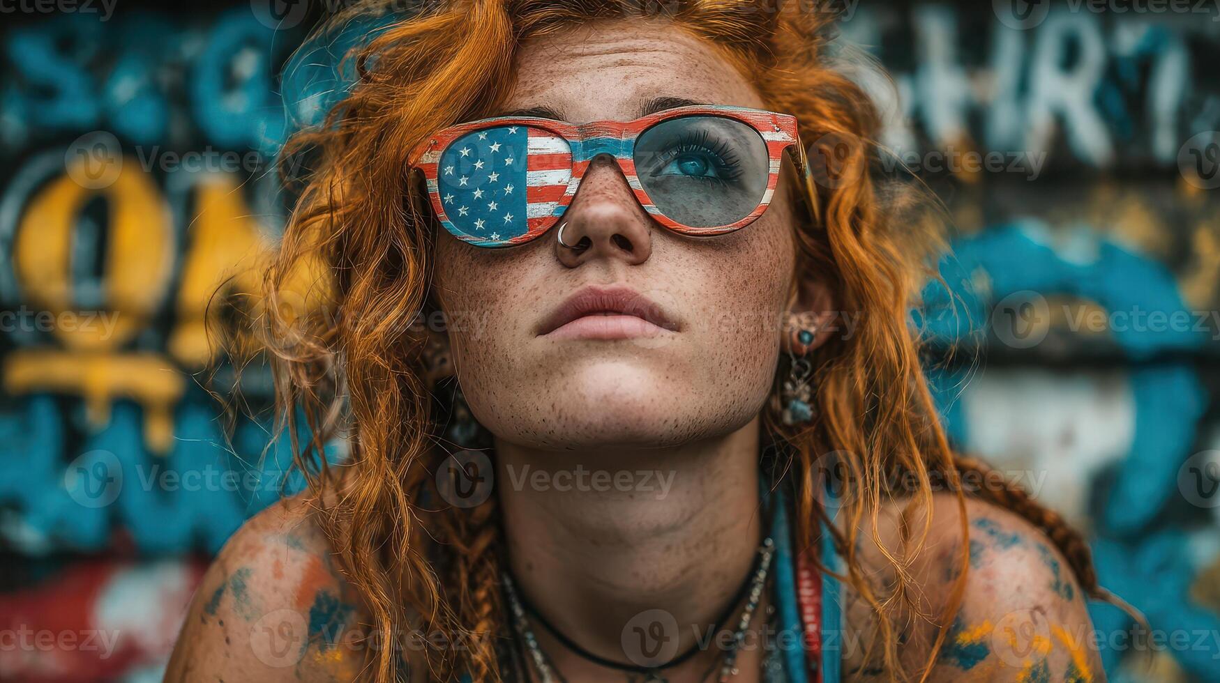 Young woman with colorful hair and American flag sunglasses gazes upward in a vibrant urban setting photo