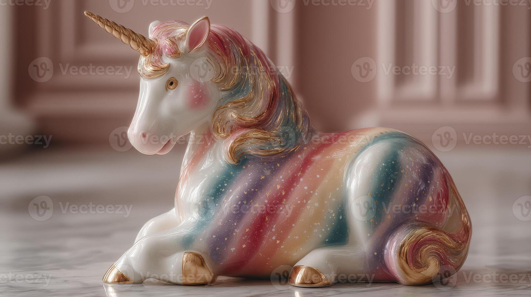 Colorful unicorn figurine rests on polished surface in elegantly designed room with soft lighting photo
