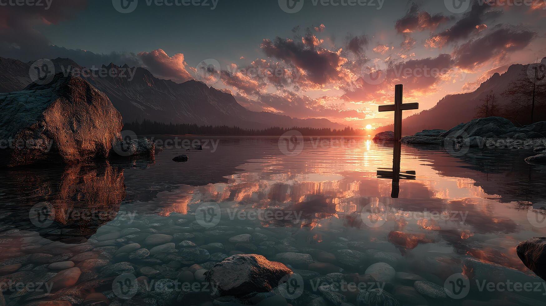 Beautiful sunset over serene lake with a cross reflection and mountain backdrop in peaceful nature setting photo
