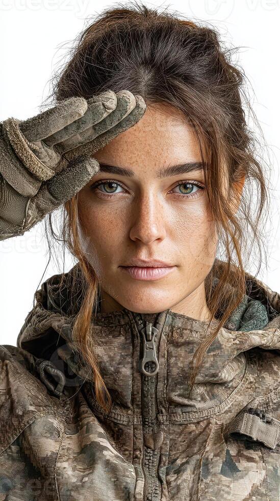 Strong woman in a camouflage jacket salutes confidently while showcasing determination and resilience during outdoor activity photo
