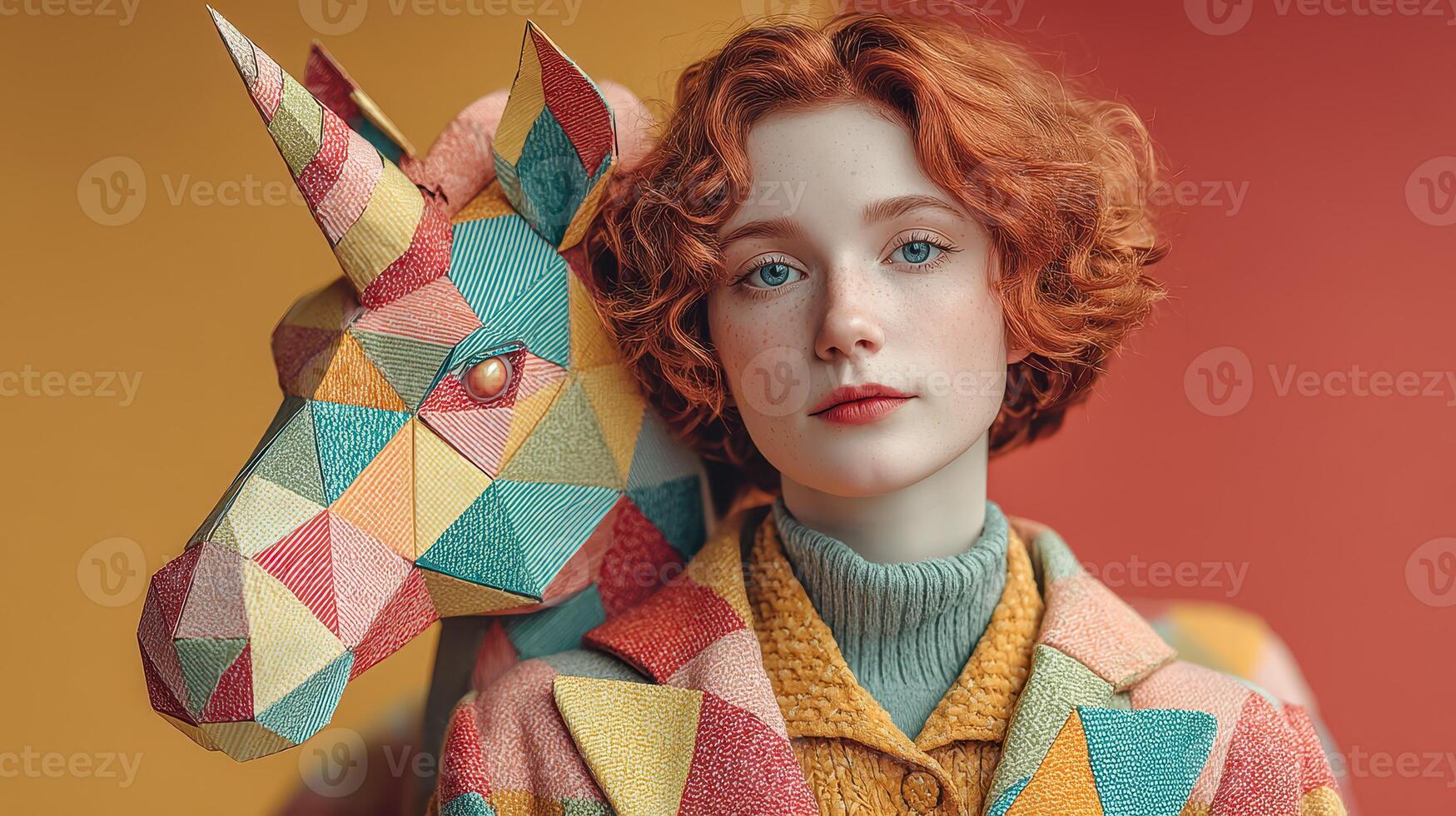 Creative portrait of a woman with curly red hair and geometric unicorn art in a vibrant setting photo