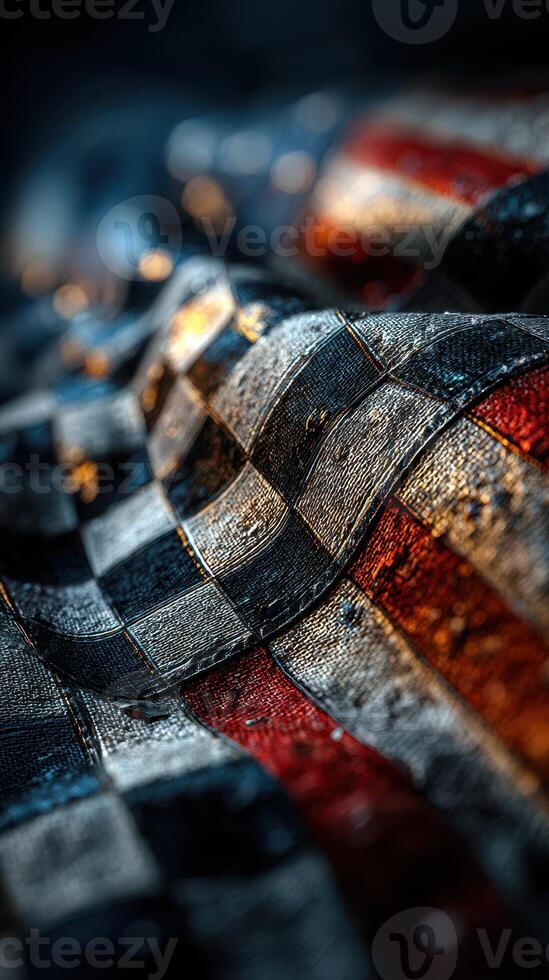Textile featuring a vibrant mix of dark and light tones with a checkered pattern and red, white, and blue colors photo