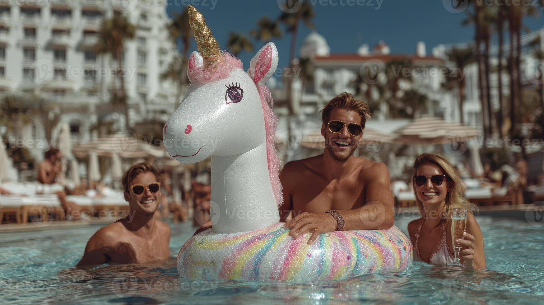 Group of friends enjoying a summer day by the pool with a unicorn float in a luxurious location photo