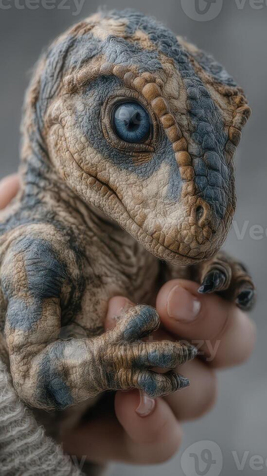 Captivating close-up of a colorful reptile creature held gently in a person's hand, showcasing intricate details photo