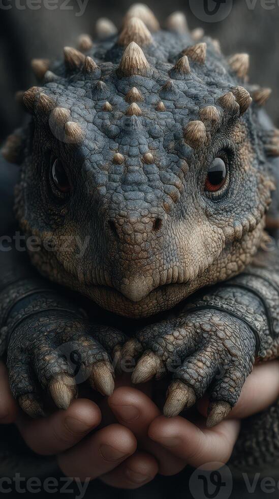 Close-up of a unique reptilian creature being held gently outdoors in a natural setting during daylight photo