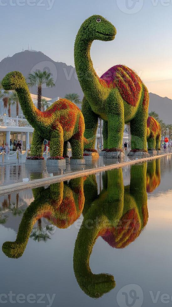 Large dinosaur topiaries surround a serene pond at sunset in a desert garden photo
