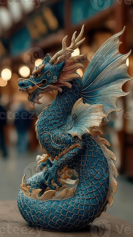 Exquisite blue dragon sculpture displayed indoors with intricate detailing and craftsmanship photo