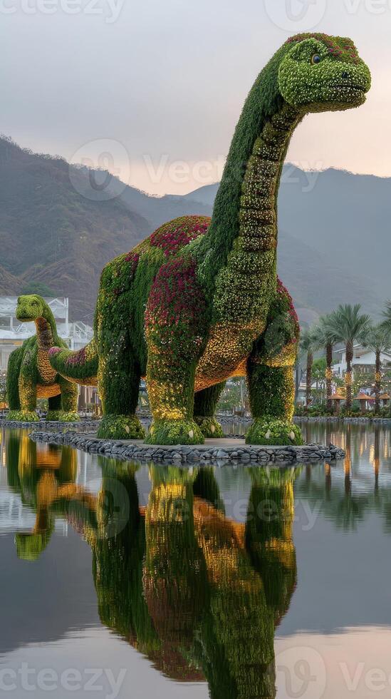 Large dinosaur sculptures made of plants situated by a serene lake in the mountains during sunset photo