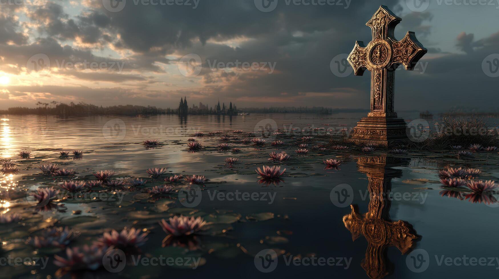 Celtic cross reflected in calm waters during sunset near a serene lake surrounded by water lilies photo
