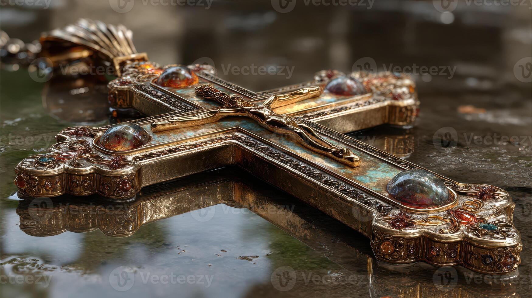 Intricate cross pendant resting on a wet surface reflecting its ornate design during late afternoon photo
