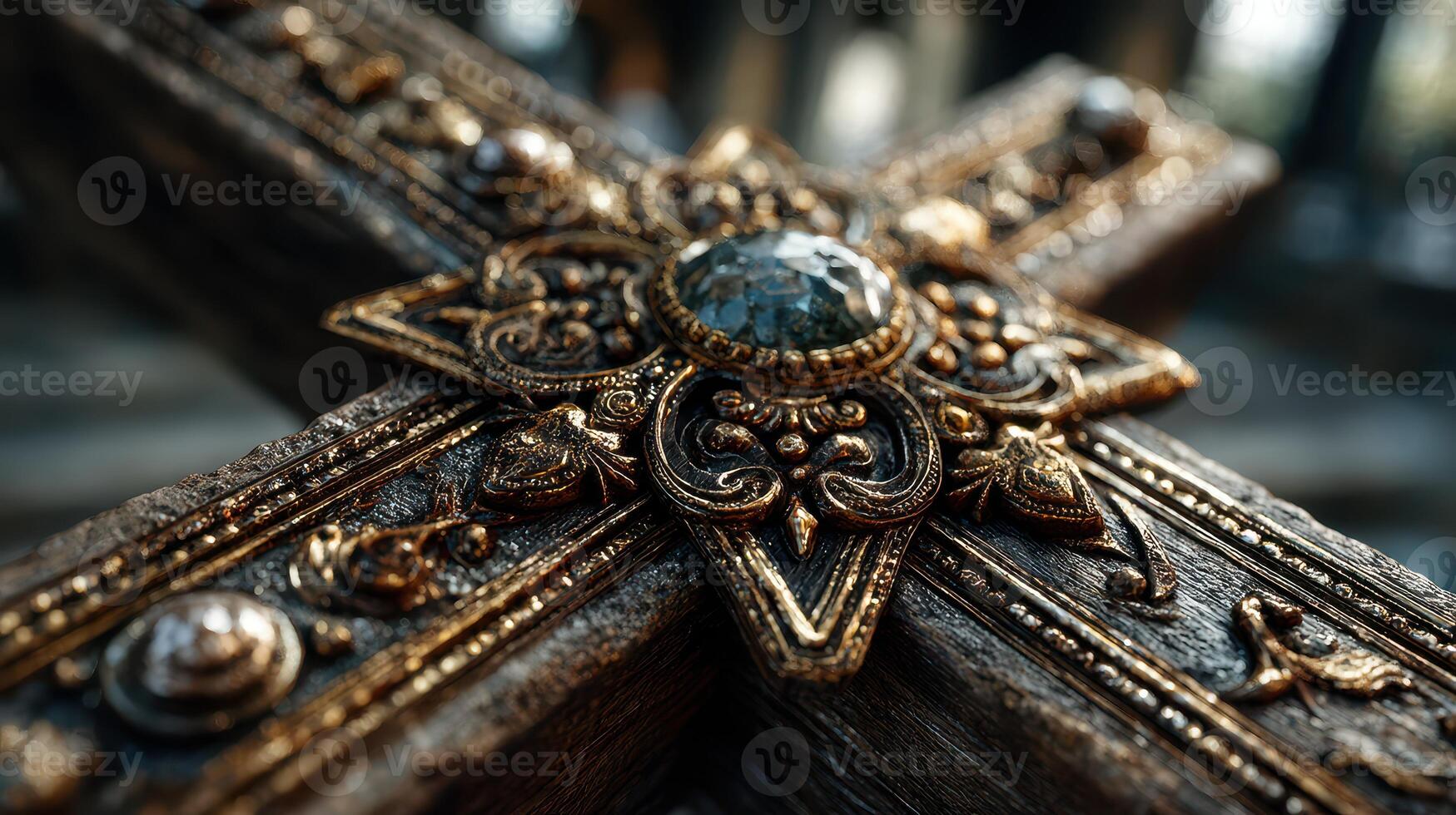 Intricate design of a vintage cross adorned with ornate details and a central gemstone in natural light photo