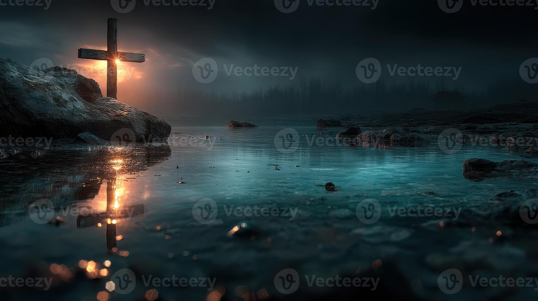 Mysterious night landscape featuring a cross illuminated by a soft light near a calm water body photo