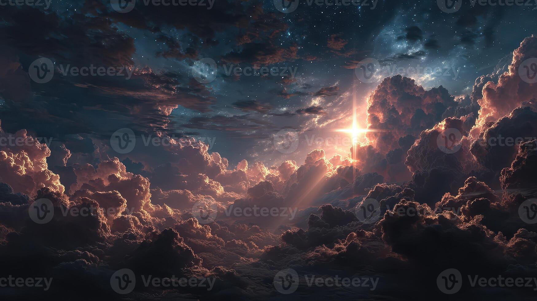 Brilliant sunlight breaking through dark clouds creates a serene, breathtaking atmosphere at dusk photo