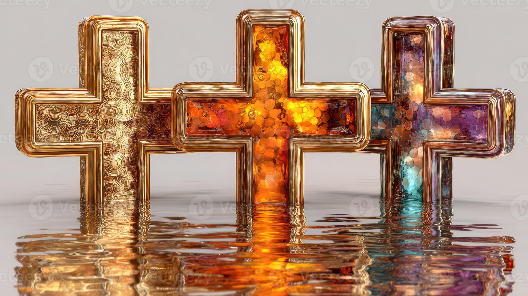 Colorful decorative crosses displayed on a reflective surface with warm tones at an artistic exhibition photo
