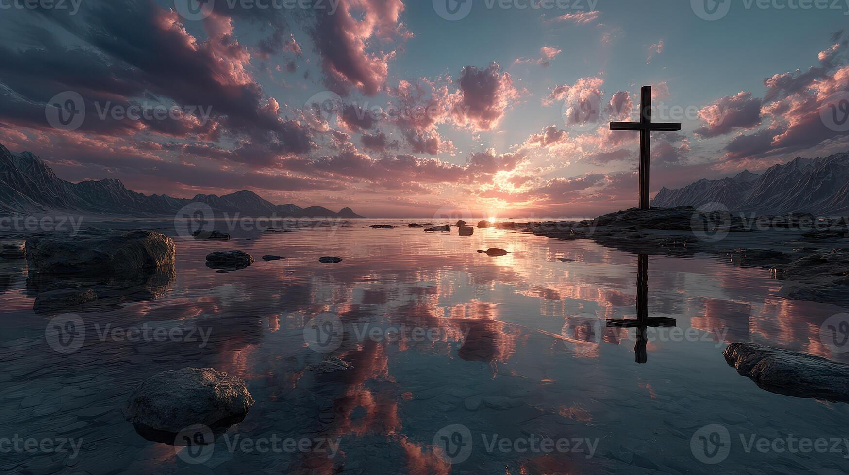 Dramatic sunset reflecting on water with a cross at the shore of a serene lake in a mountainous landscape photo