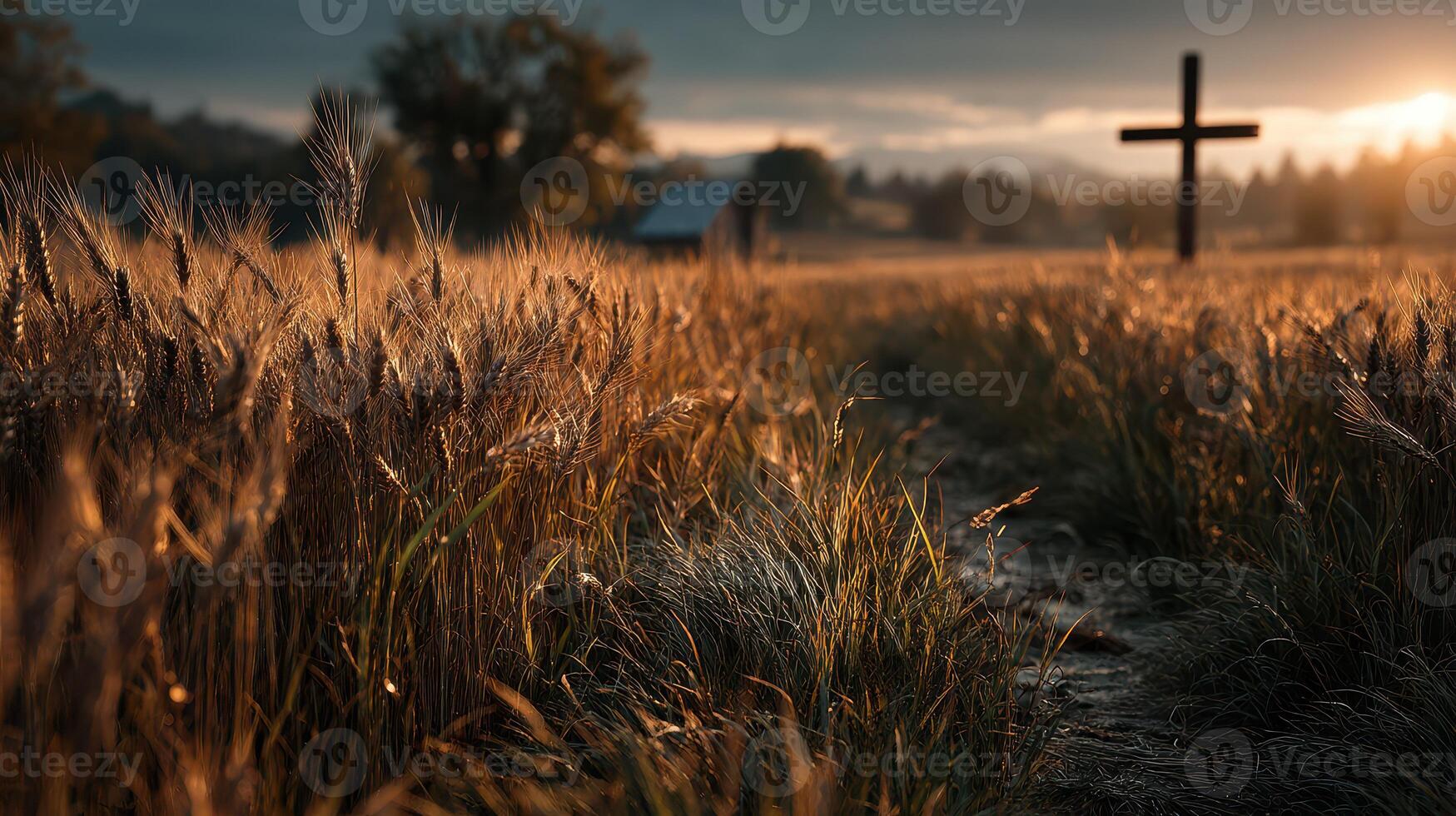 Golden wheat field at sunset with a wooden cross standing in the background near a small building photo