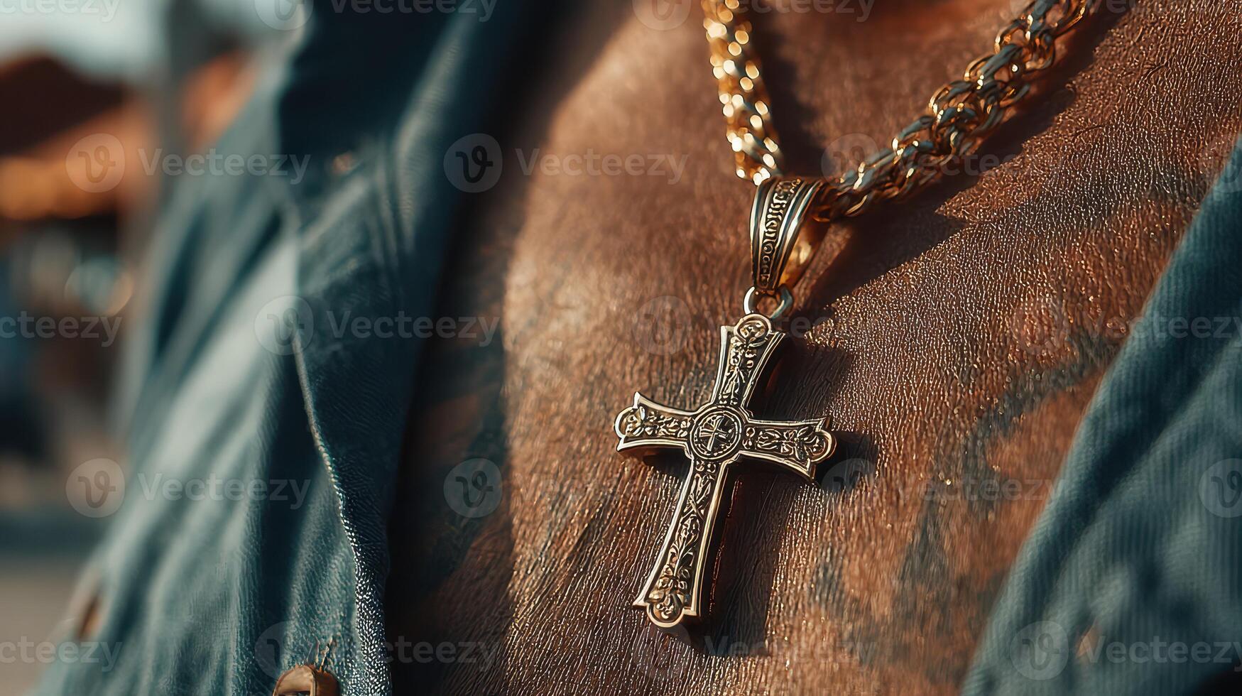 Golden cross pendant shines against skin with intricate tattoo design in outdoor setting photo