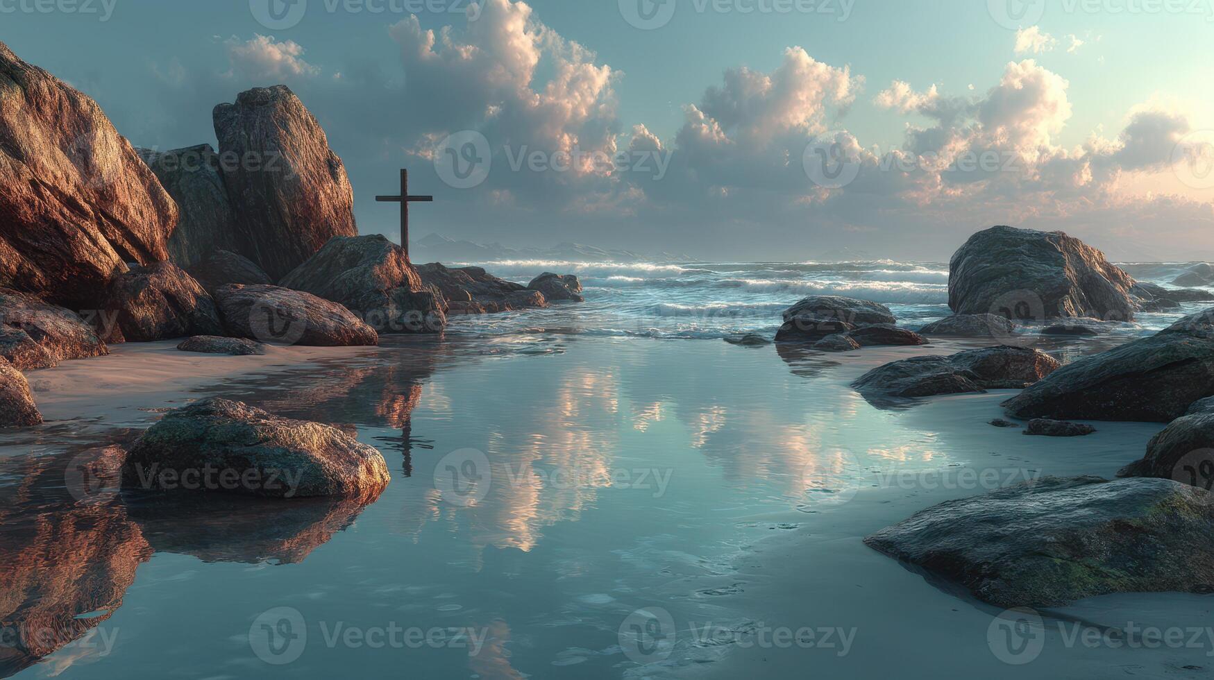 Serene coastal landscape with rocks and a cross during sunset photo