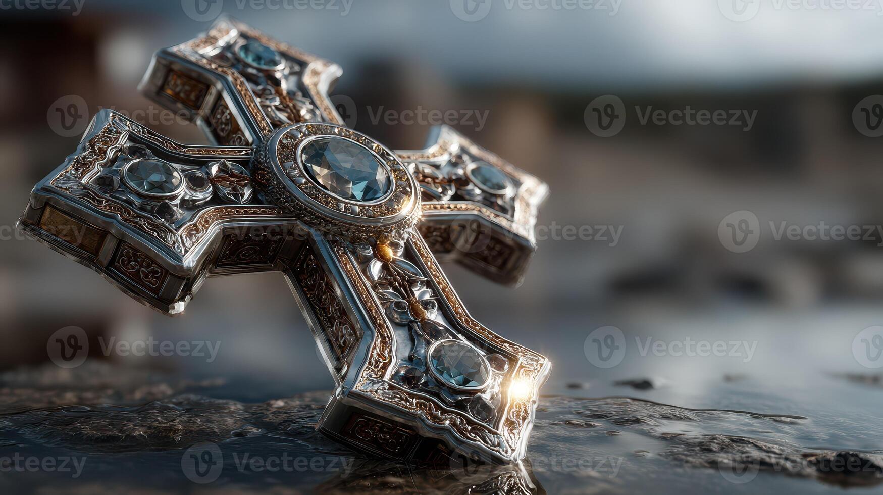 Ornate silver cross resting on a rocky surface reflecting sunlight during a serene moment photo
