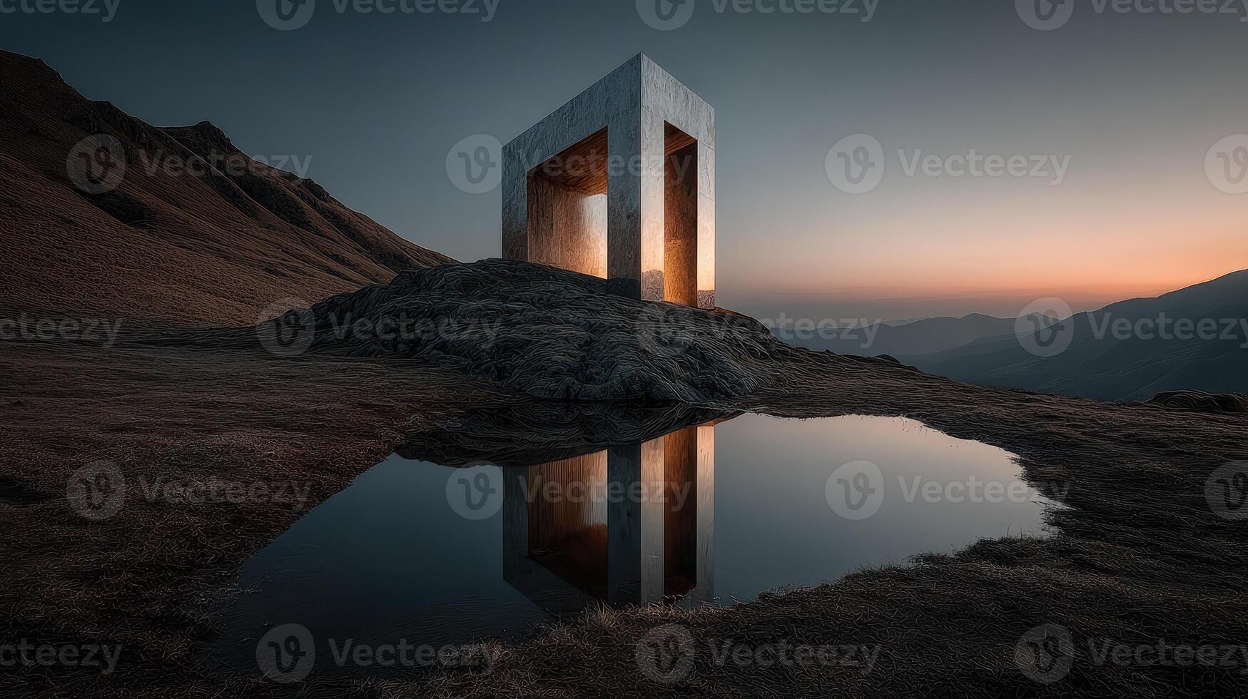 Unique concrete structure illuminated at dusk, reflecting on calm water in a mountainous landscape photo