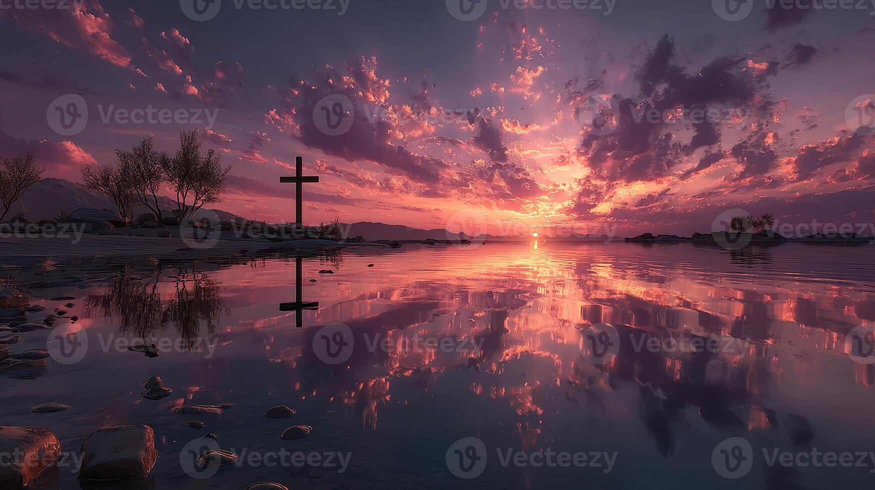 Stunning sunset over calm water with cross silhouette against beautiful clouds in serene landscape photo